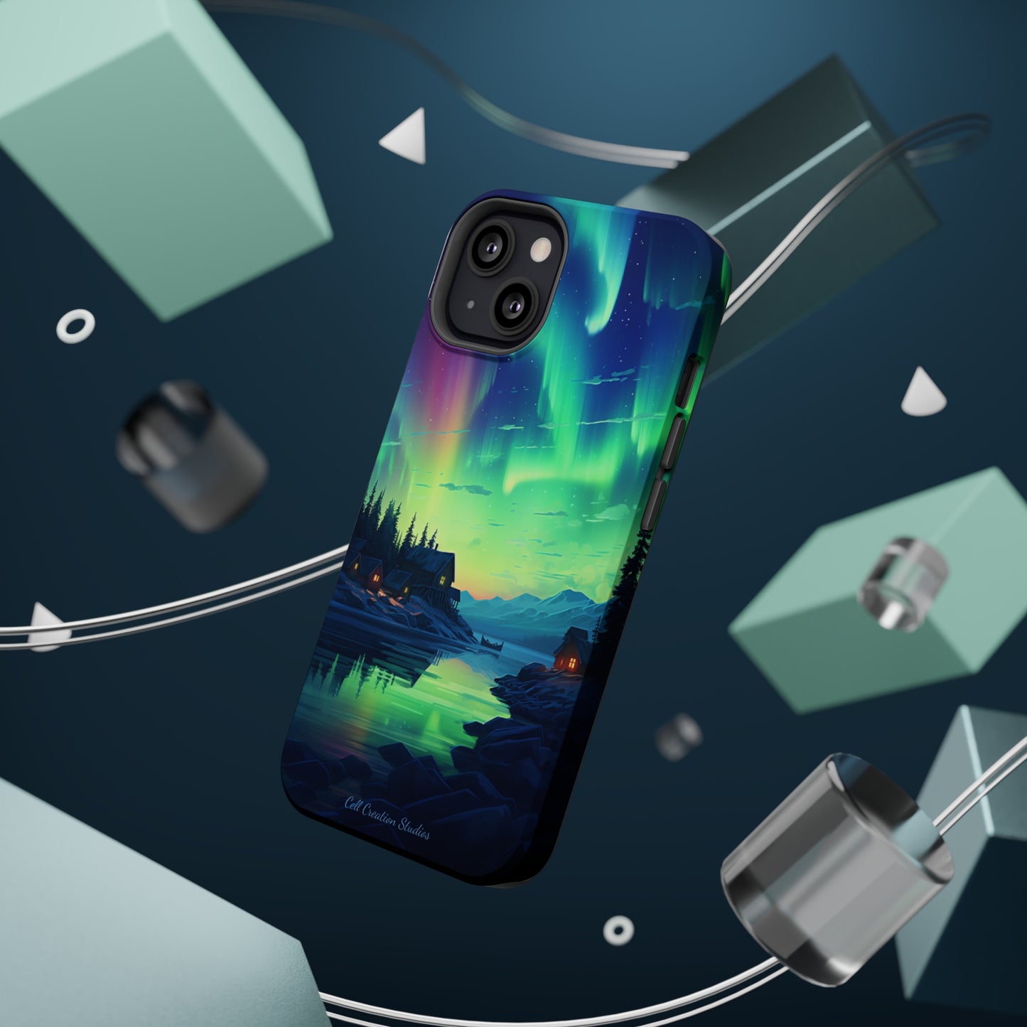 Introducing the "Northern Lights Haven" Cell Phone Case – Experience the Enchantment of Aurora Borealis and Charming Townscape -MagSafe Tough Cases