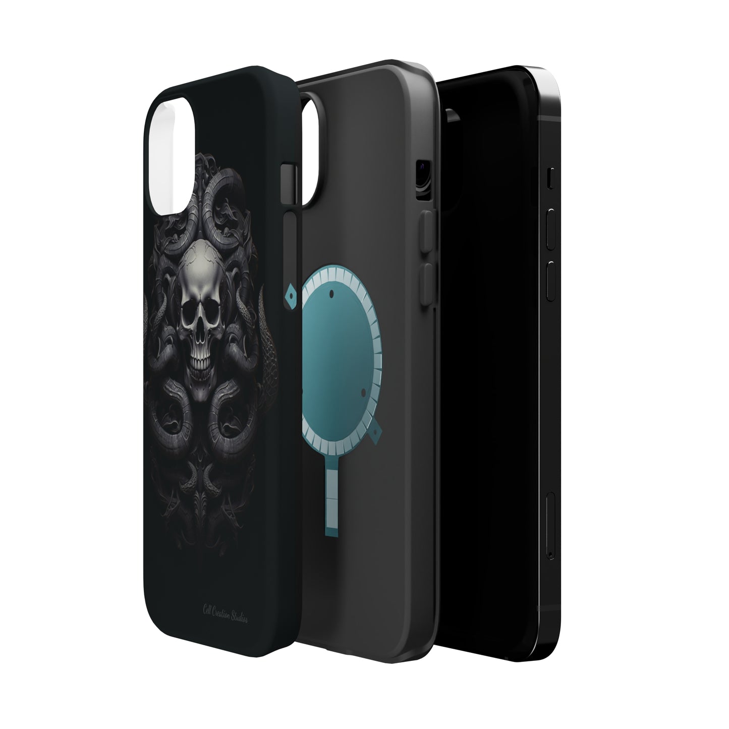 Introducing the "Monochrome Skull and Snakes" Cell Phone Case – A Bold Statement -MagSafe Tough Cases