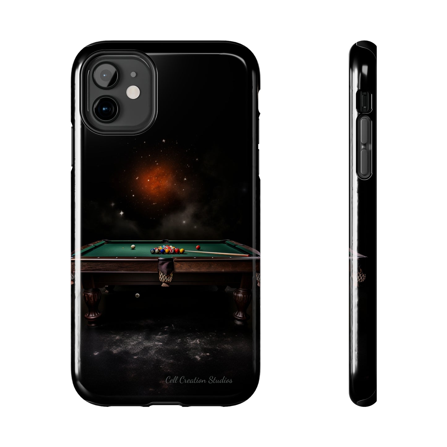 "Rack 'Em Up in Style: Pool Table-Themed Phone Case with Space Background" -Tough Phone Cases