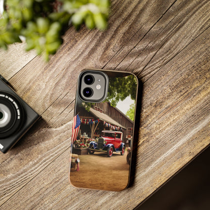 Introducing the "1930s Americana Revival" Cell Phone Case – Relive Vintage Charm with Classic Car, Barn, and the Stars and Stripes -Tough Phone Cases