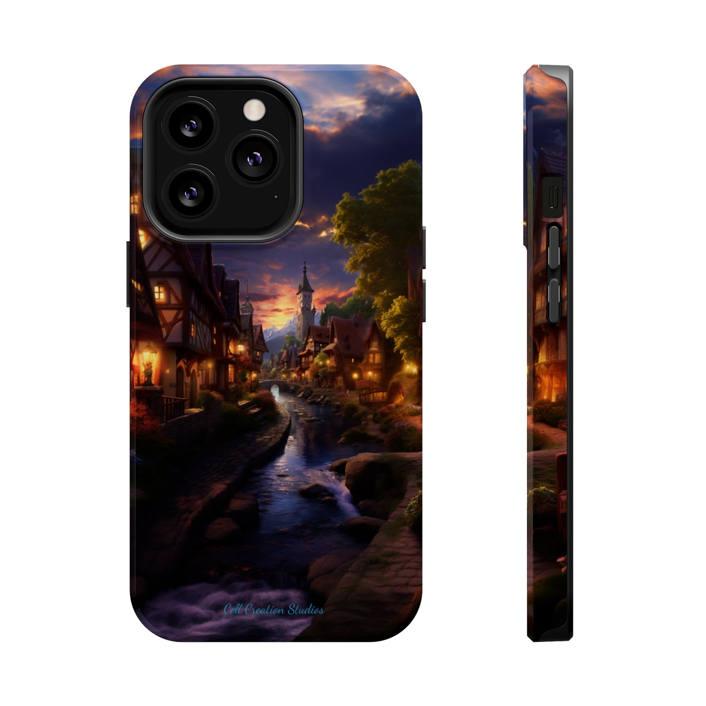 Introducing the "Riverside Serenity" Cell Phone Case – Embrace Peace with a Tranquil Town and Flowing River -MagSafe Tough Cases