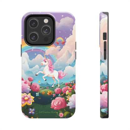 Introducing the "Floral Enchantment" Cell Phone Case – Embrace Your Imagination with a Unicorn in a Field of Flowers -Tough Phone Cases