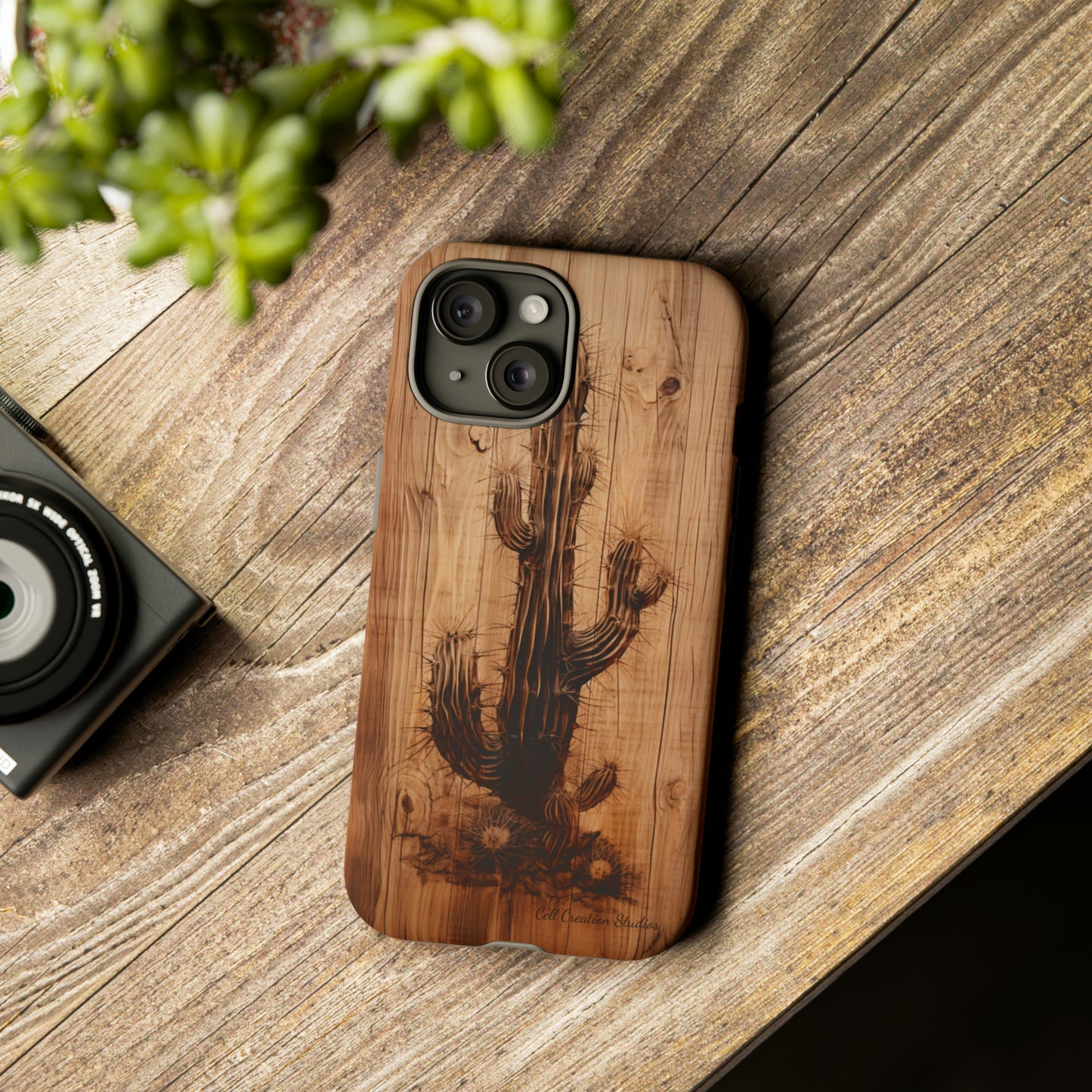 "Cactus Burnt Wood Design" Phone Case -Tough Cases