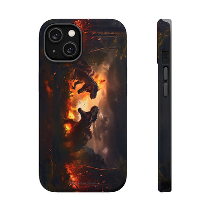 Introducing the "Ancient Battle Inferno" Cell Phone Case – Witness Epic Dinosaur Clash in a Fiery Forest! -MagSafe Tough Cases