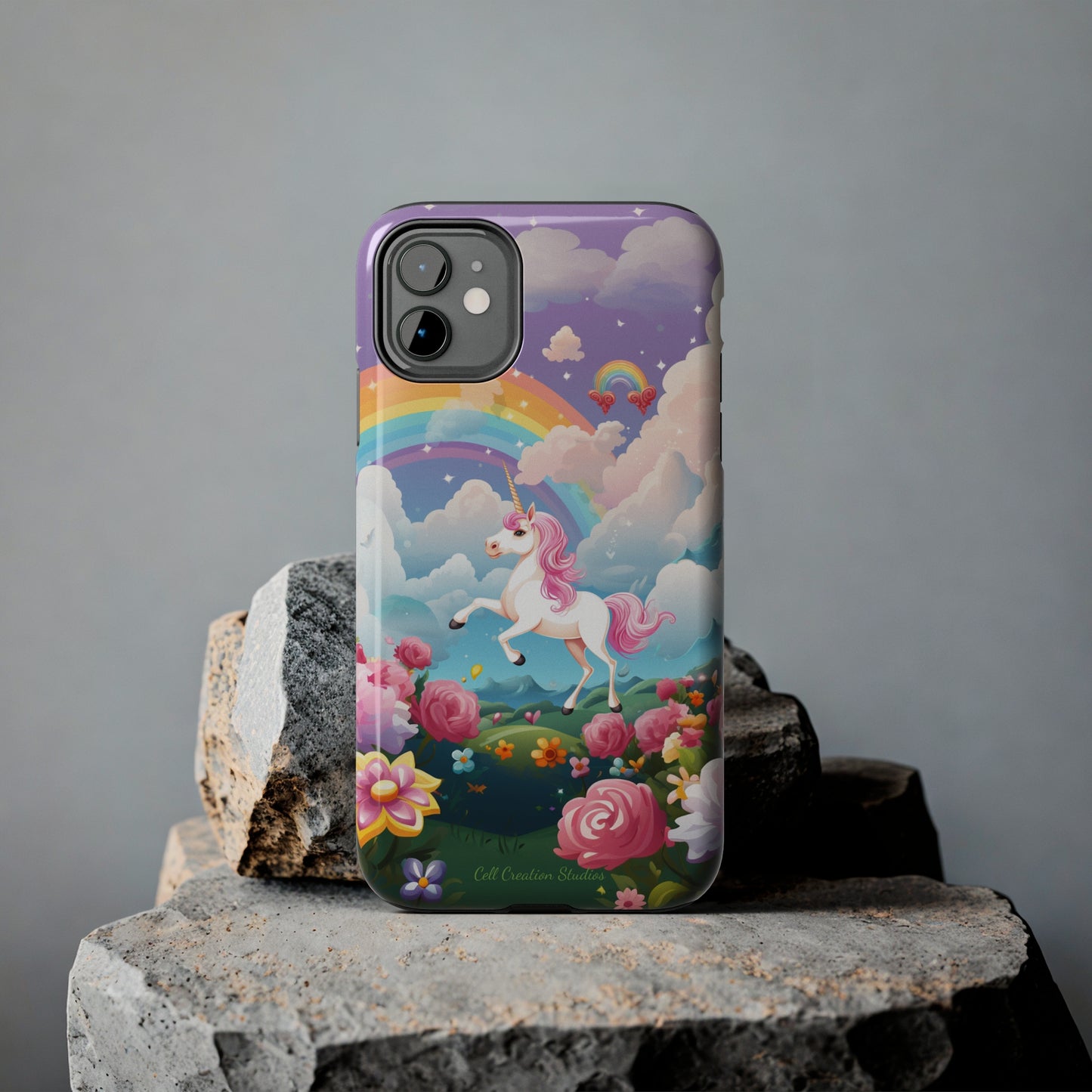 Introducing the "Floral Enchantment" Cell Phone Case – Embrace Your Imagination with a Unicorn in a Field of Flowers -Tough Phone Cases