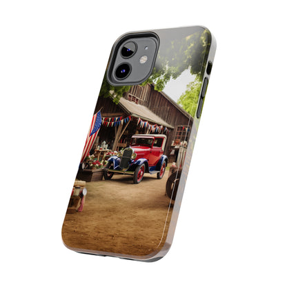 Introducing the "1930s Americana Revival" Cell Phone Case – Relive Vintage Charm with Classic Car, Barn, and the Stars and Stripes -Tough Phone Cases