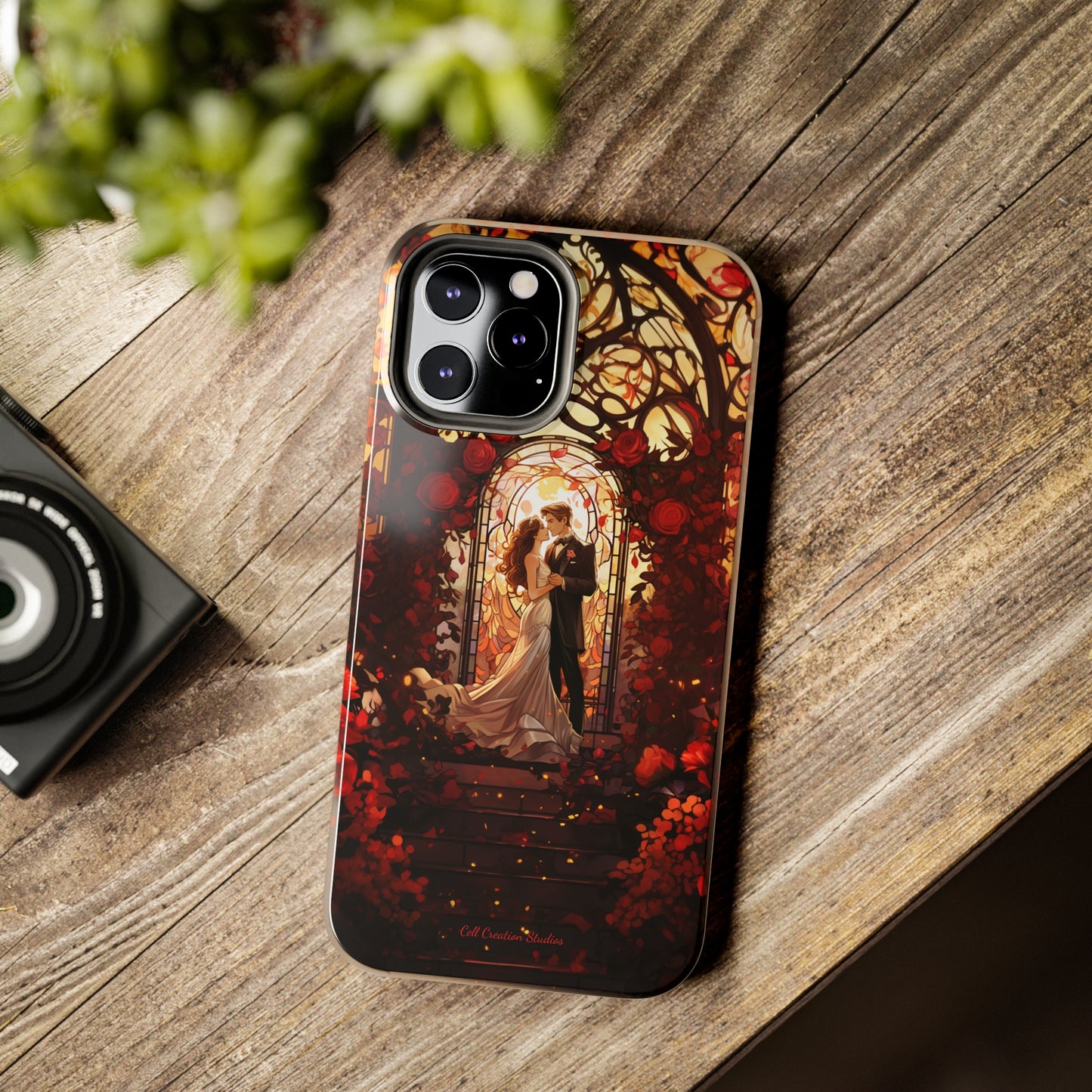 Introducing the "Stained Glass Love" Cell Phone Case – Capture the Romance of a Couple in Front of a Stained Glass Window -Tough Phone Cases