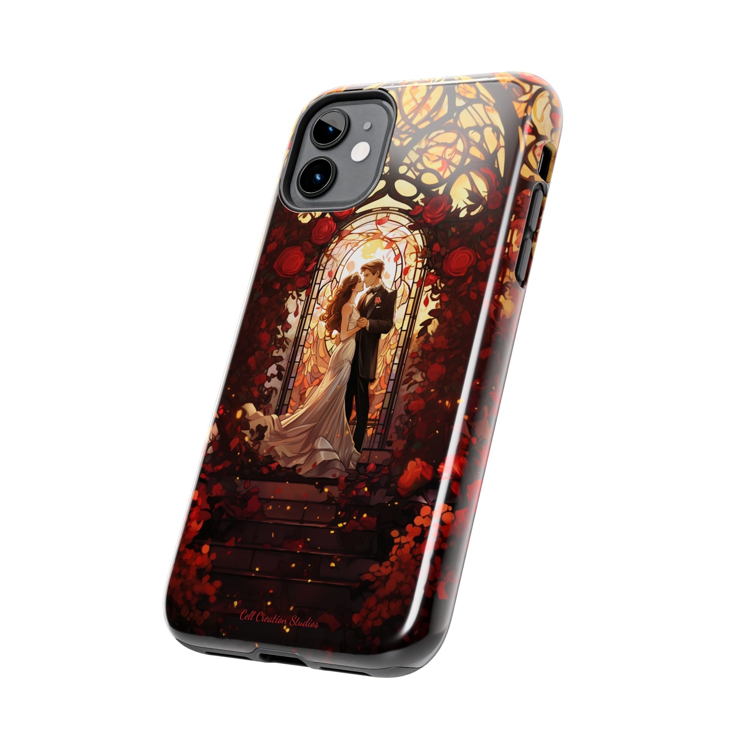 Introducing the "Stained Glass Love" Cell Phone Case – Capture the Romance of a Couple in Front of a Stained Glass Window -Tough Phone Cases