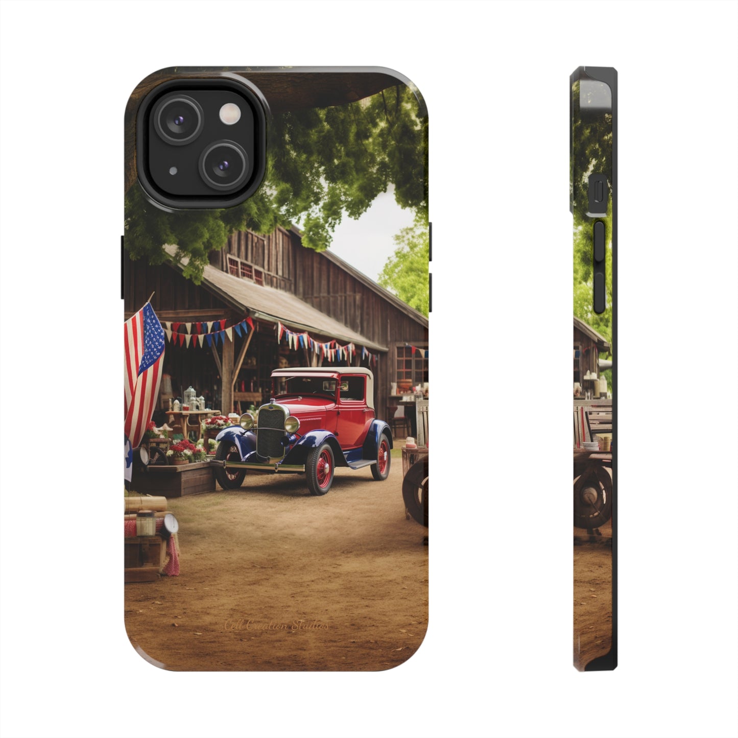 Introducing the "1930s Americana Revival" Cell Phone Case – Relive Vintage Charm with Classic Car, Barn, and the Stars and Stripes -Tough Phone Cases