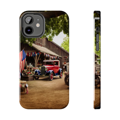 Introducing the "1930s Americana Revival" Cell Phone Case – Relive Vintage Charm with Classic Car, Barn, and the Stars and Stripes -Tough Phone Cases