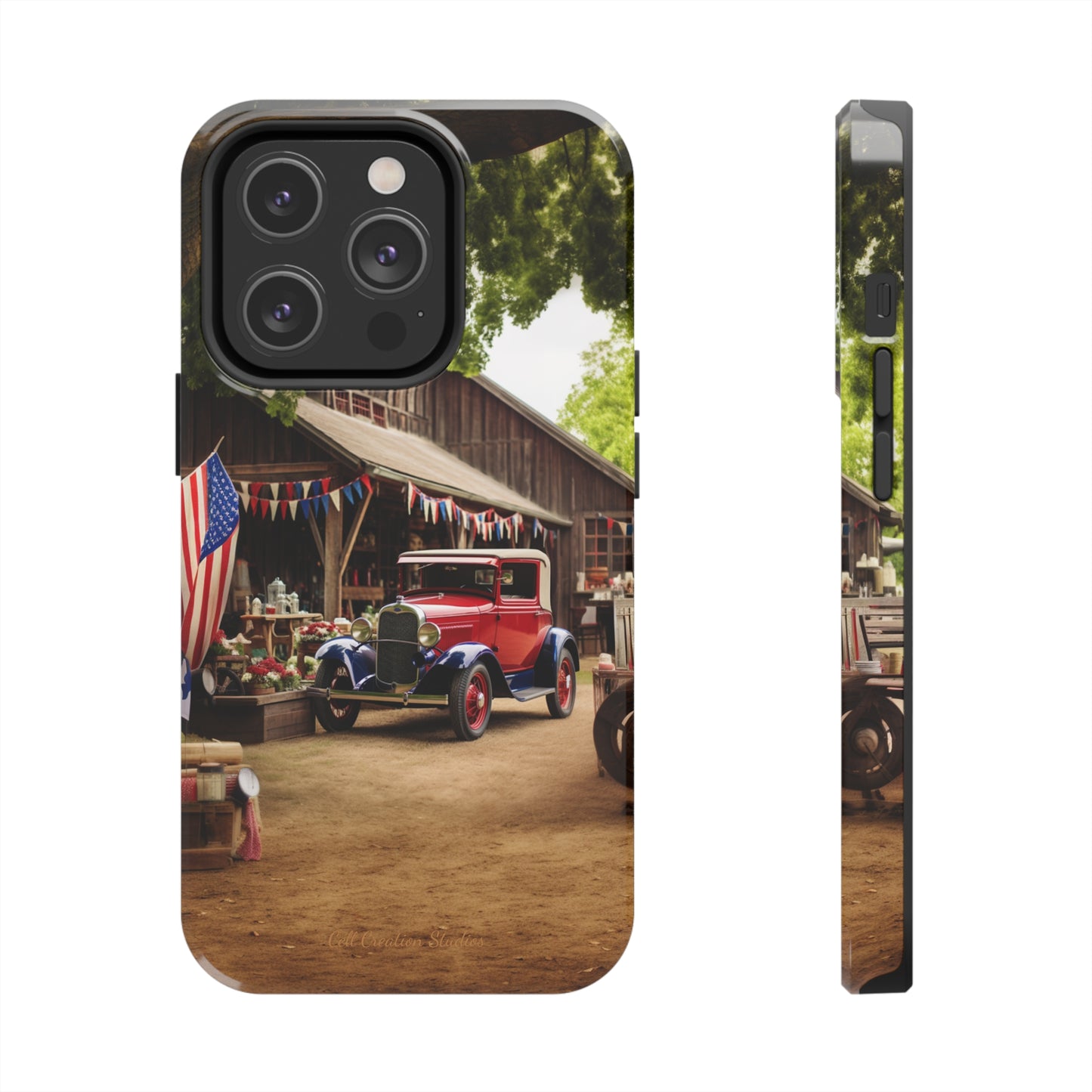 Introducing the "1930s Americana Revival" Cell Phone Case – Relive Vintage Charm with Classic Car, Barn, and the Stars and Stripes -Tough Phone Cases