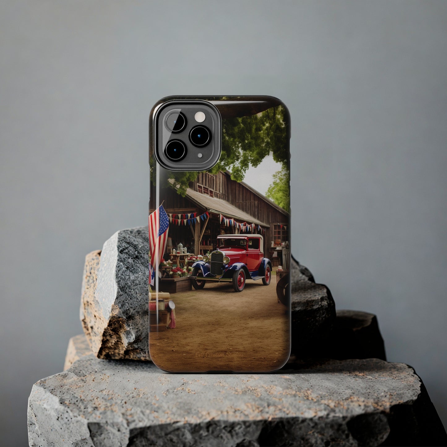 Introducing the "1930s Americana Revival" Cell Phone Case – Relive Vintage Charm with Classic Car, Barn, and the Stars and Stripes -Tough Phone Cases