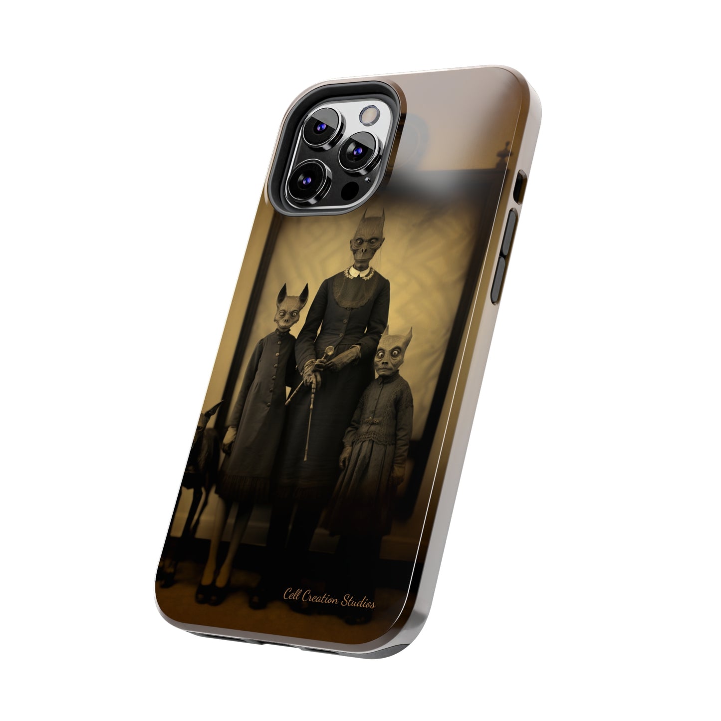 Introducing the "Vintage Odd Creatures" Cell Phone Case – Step into the Eerie Charm of a Haunting Family Portrait -Tough Phone Cases