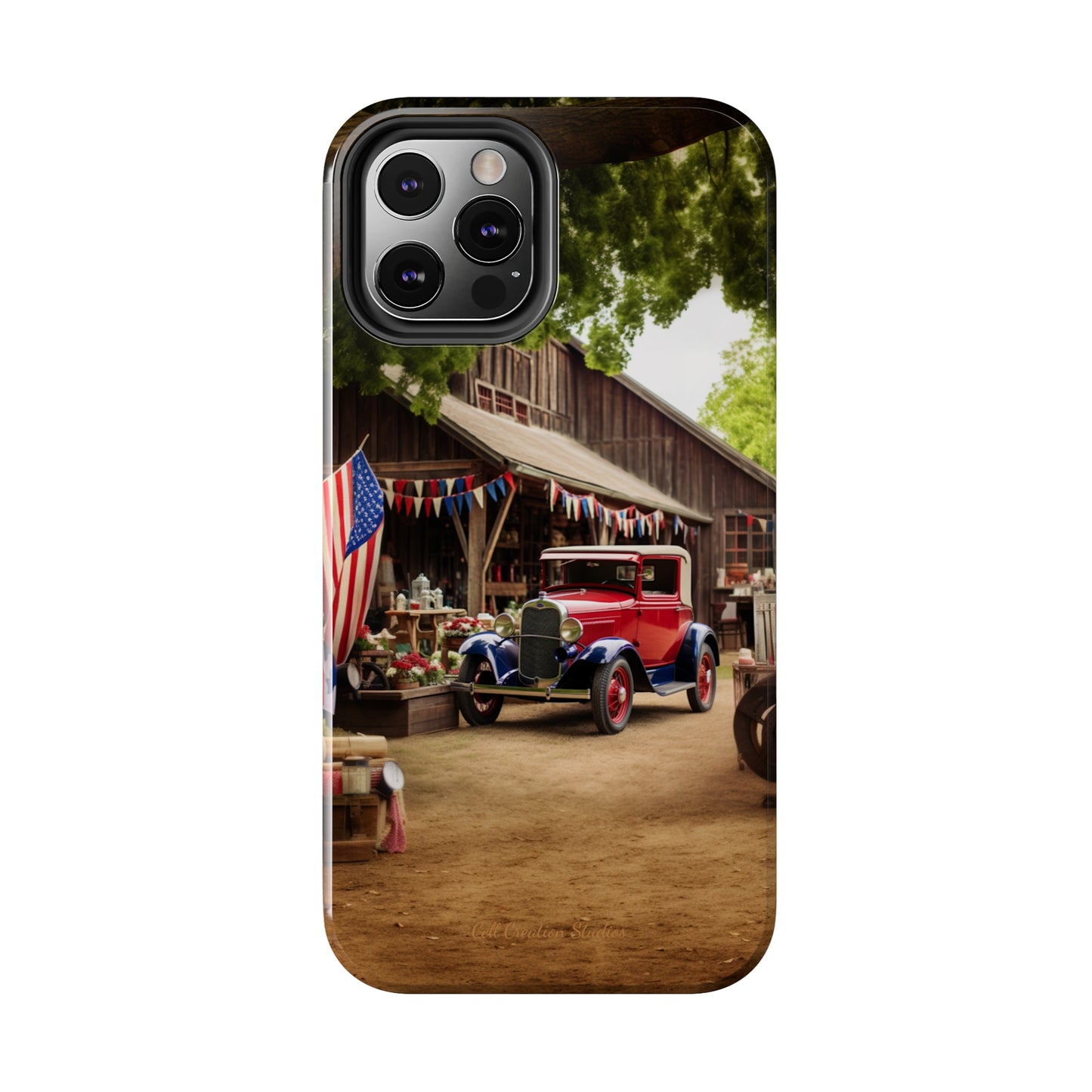 Introducing the "1930s Americana Revival" Cell Phone Case – Relive Vintage Charm with Classic Car, Barn, and the Stars and Stripes -Tough Phone Cases