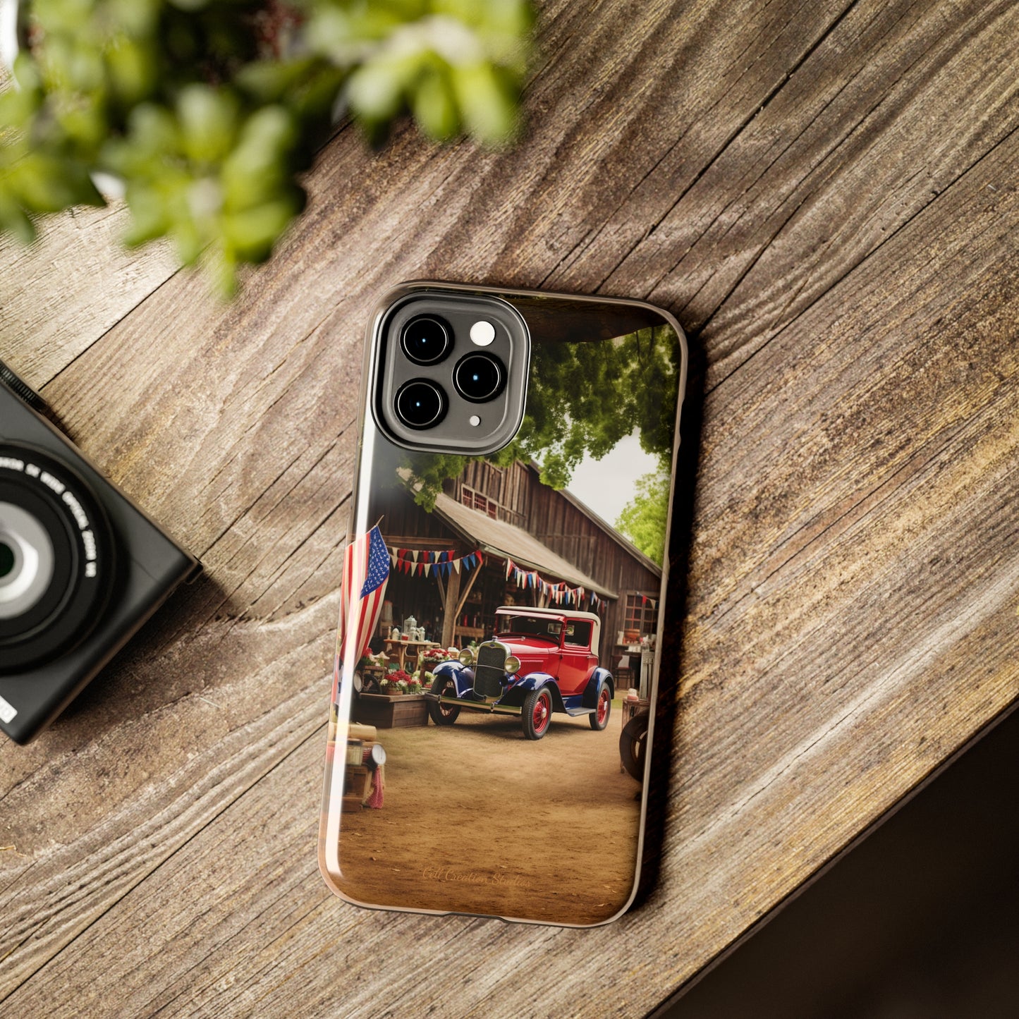 Introducing the "1930s Americana Revival" Cell Phone Case – Relive Vintage Charm with Classic Car, Barn, and the Stars and Stripes -Tough Phone Cases