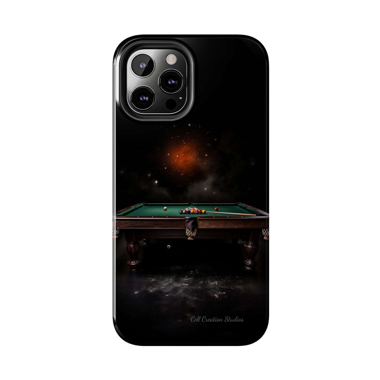 "Rack 'Em Up in Style: Pool Table-Themed Phone Case with Space Background" -Tough Phone Cases