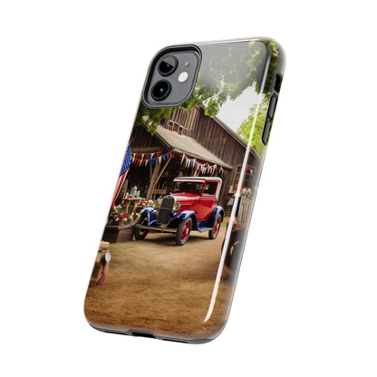 Introducing the "1930s Americana Revival" Cell Phone Case – Relive Vintage Charm with Classic Car, Barn, and the Stars and Stripes -Tough Phone Cases