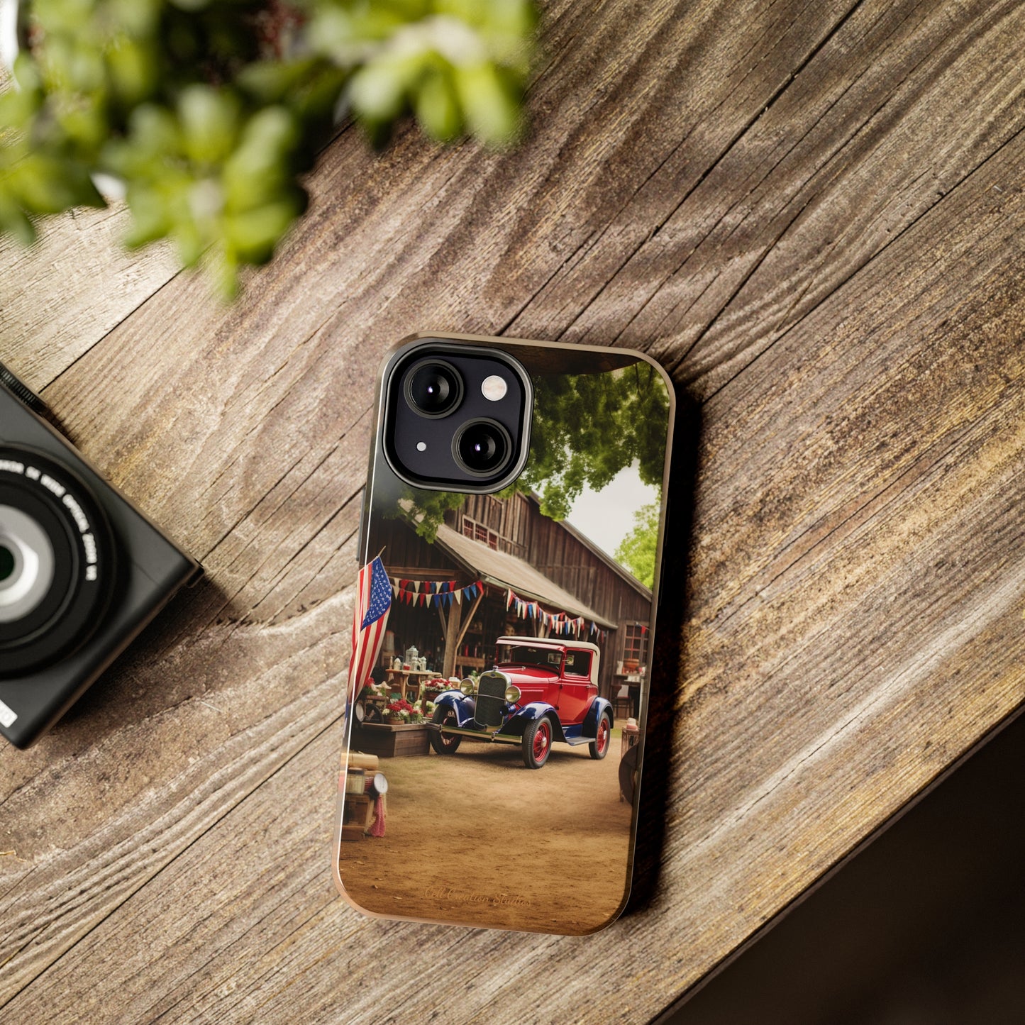 Introducing the "1930s Americana Revival" Cell Phone Case – Relive Vintage Charm with Classic Car, Barn, and the Stars and Stripes -Tough Phone Cases