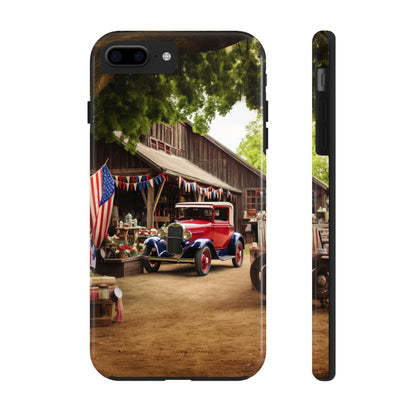 Introducing the "1930s Americana Revival" Cell Phone Case – Relive Vintage Charm with Classic Car, Barn, and the Stars and Stripes -Tough Phone Cases