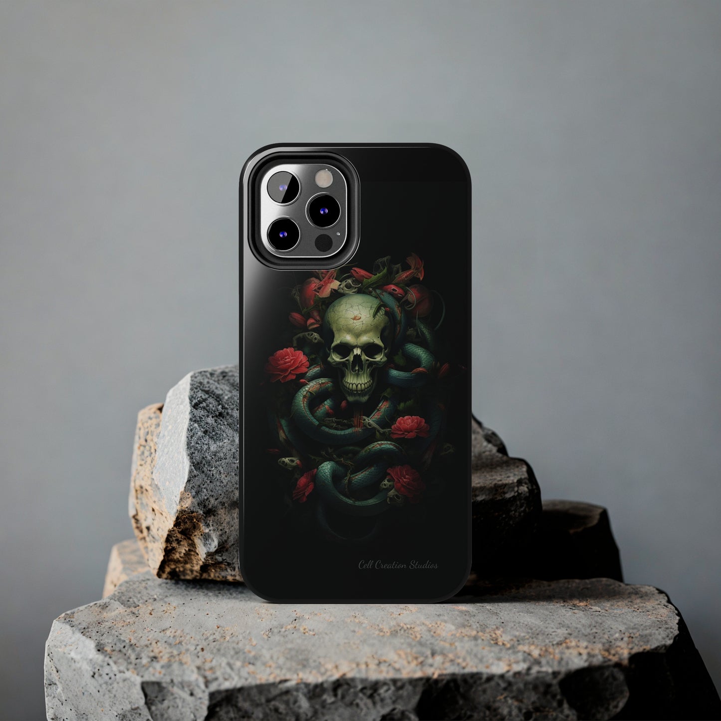 Introducing the "Serpentine Elegance" Cell Phone Case: Where Skulls and Snakes, Intertwine -Tough Phone Cases