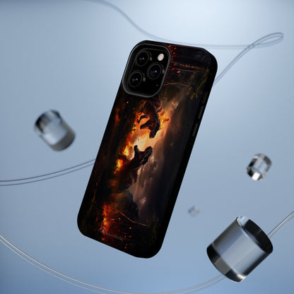 Introducing the "Ancient Battle Inferno" Cell Phone Case – Witness Epic Dinosaur Clash in a Fiery Forest! -MagSafe Tough Cases