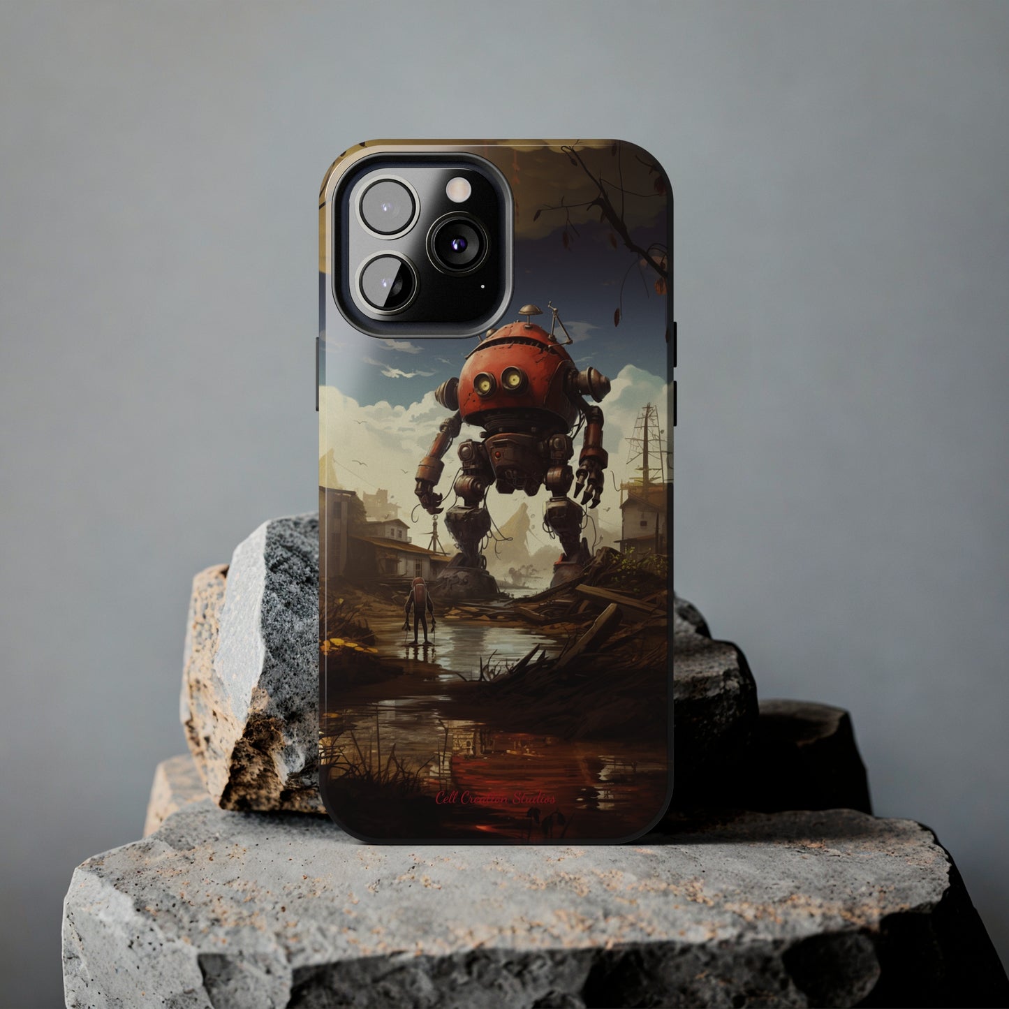 Introducing the "Urban Encounter" Cell Phone Case – Witness the Epic Convergence of Man and Giant Robot -Tough Phone Cases