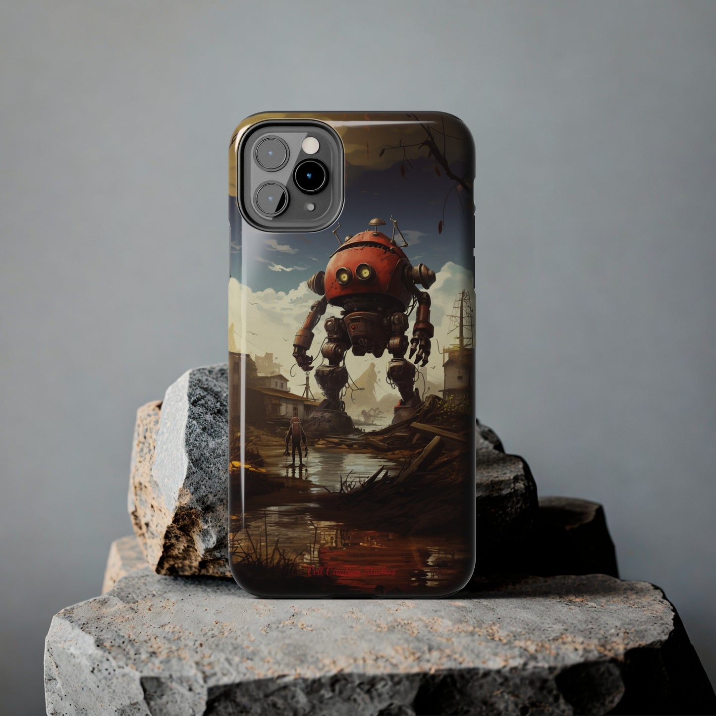 Introducing the "Urban Encounter" Cell Phone Case – Witness the Epic Convergence of Man and Giant Robot -Tough Phone Cases