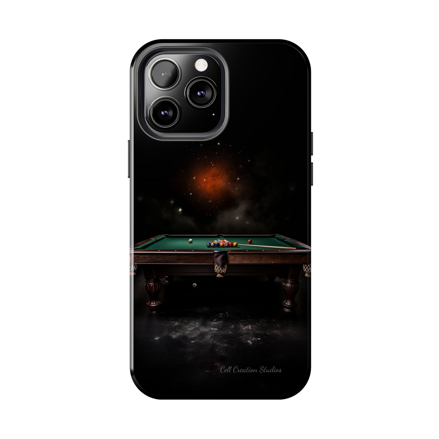 "Rack 'Em Up in Style: Pool Table-Themed Phone Case with Space Background" -Tough Phone Cases