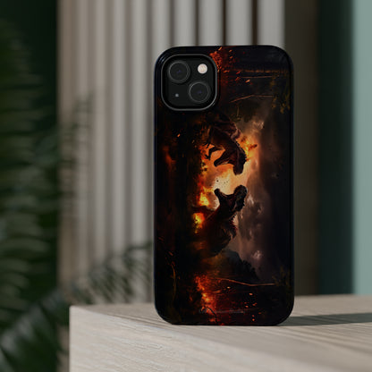 Introducing the "Ancient Battle Inferno" Cell Phone Case – Witness Epic Dinosaur Clash in a Fiery Forest! -MagSafe Tough Cases