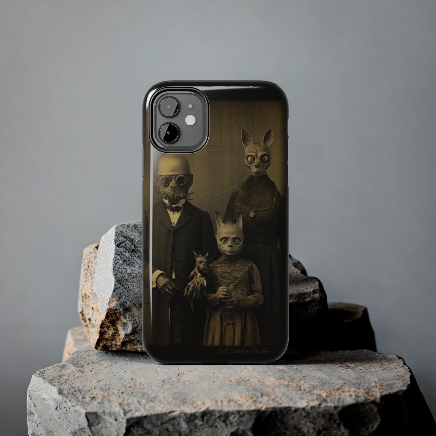 Introducing the "Vintage Odd Creatures" Cell Phone Case – Step into the Eerie Charm of a Haunting Family Portrait -Tough Phone Cases