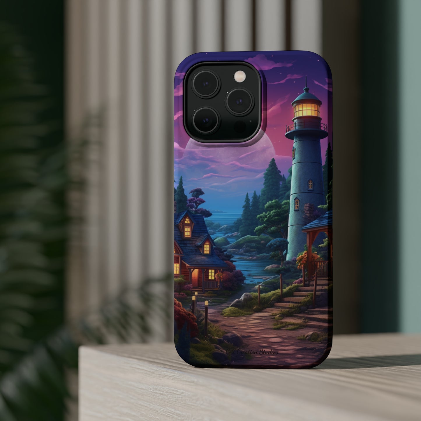 Introducing the "Tranquil Lighthouse Haven" Cell Phone Case – Embrace Serenity with a Picturesque Town and Lighthouse -MagSafe Tough Cases