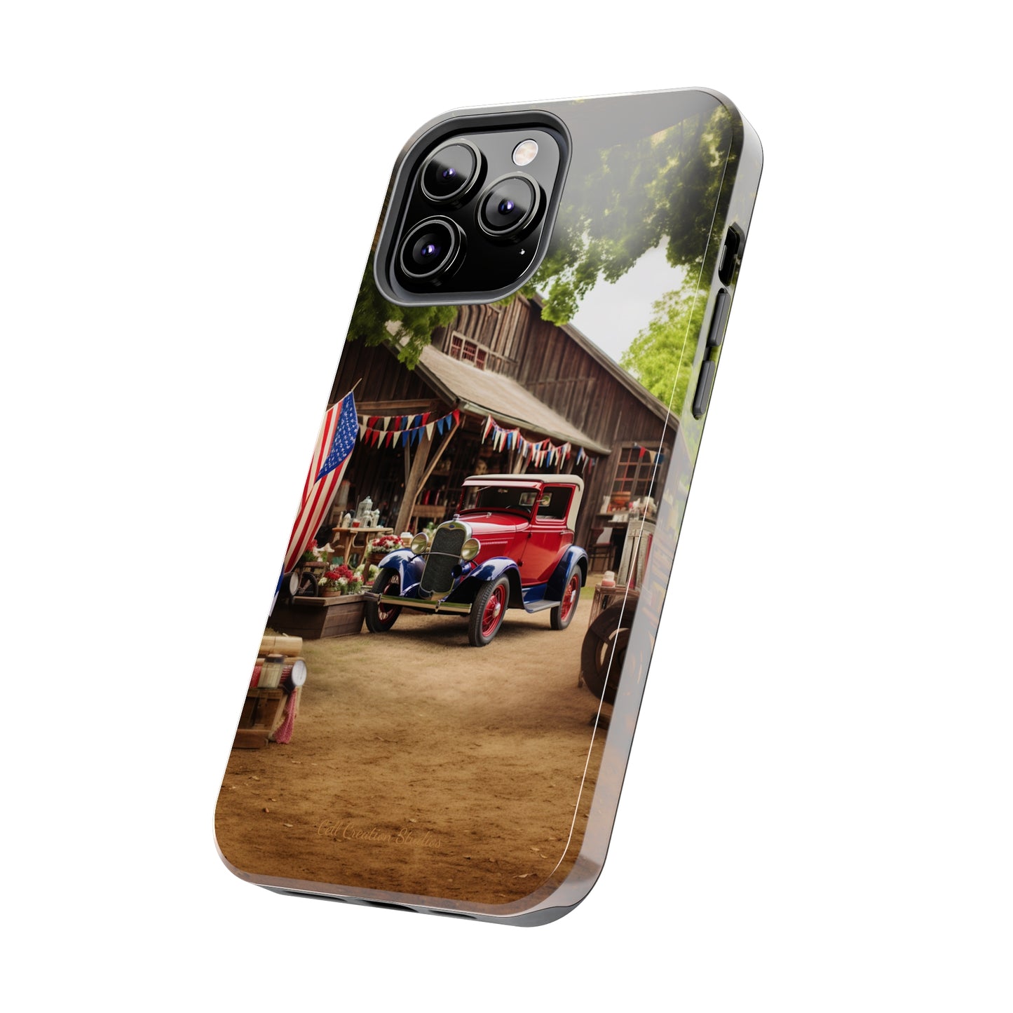 Introducing the "1930s Americana Revival" Cell Phone Case – Relive Vintage Charm with Classic Car, Barn, and the Stars and Stripes -Tough Phone Cases