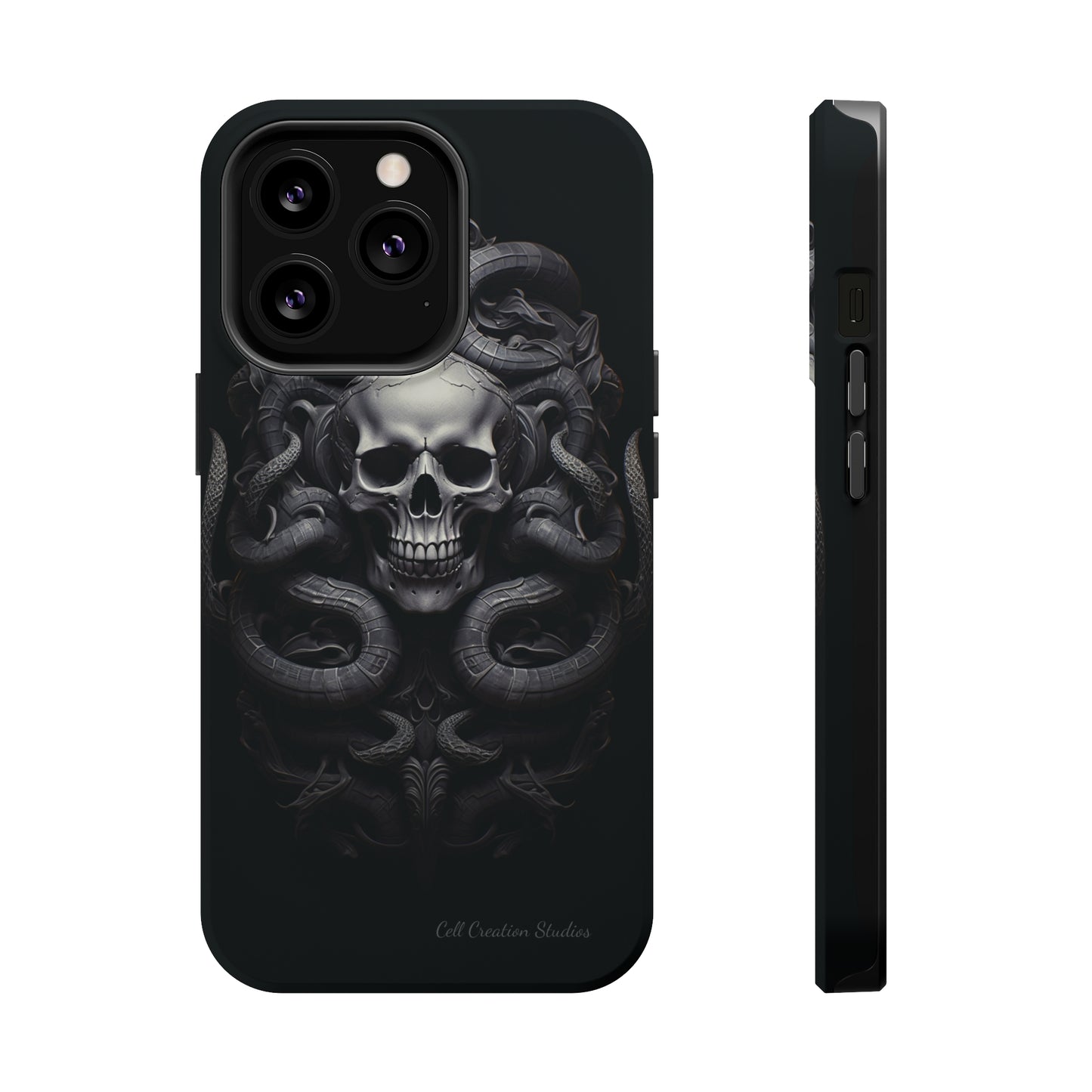 Introducing the "Monochrome Skull and Snakes" Cell Phone Case – A Bold Statement -MagSafe Tough Cases