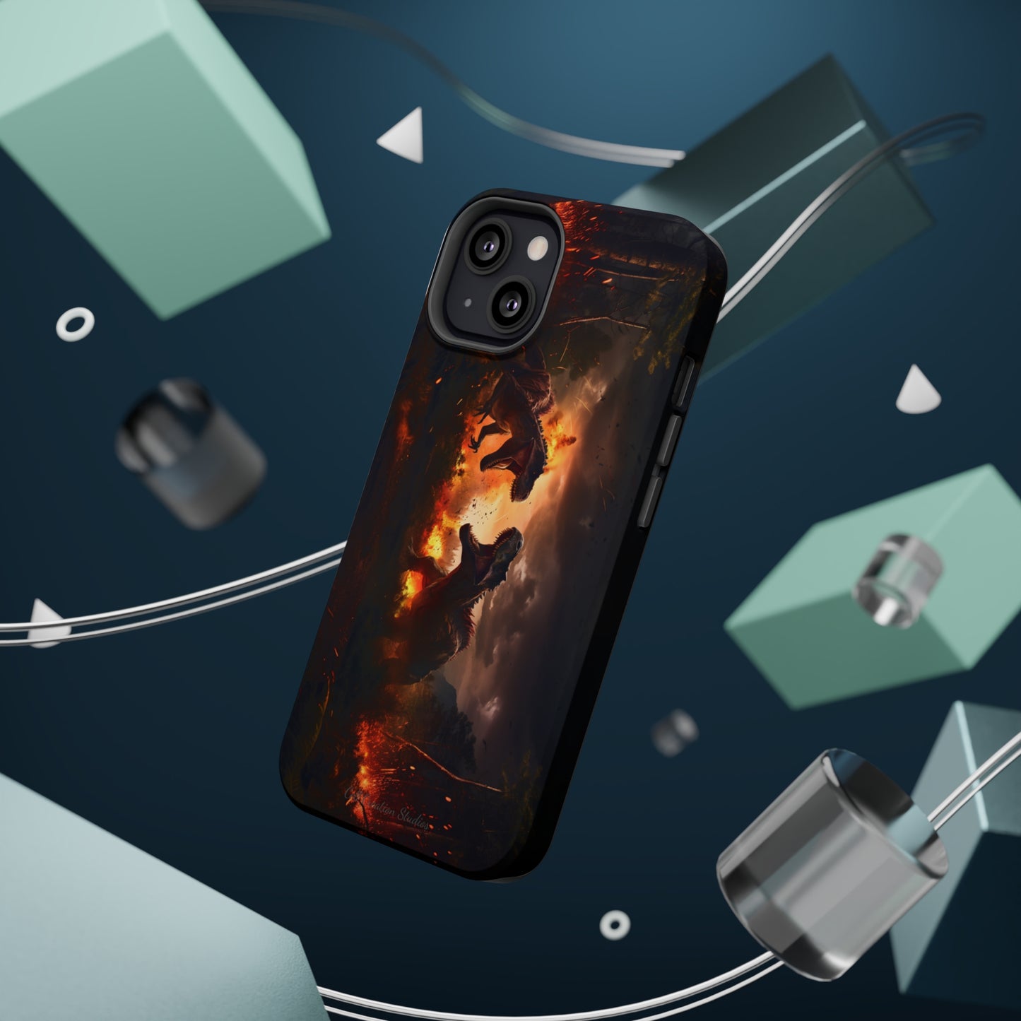 Introducing the "Ancient Battle Inferno" Cell Phone Case – Witness Epic Dinosaur Clash in a Fiery Forest! -MagSafe Tough Cases