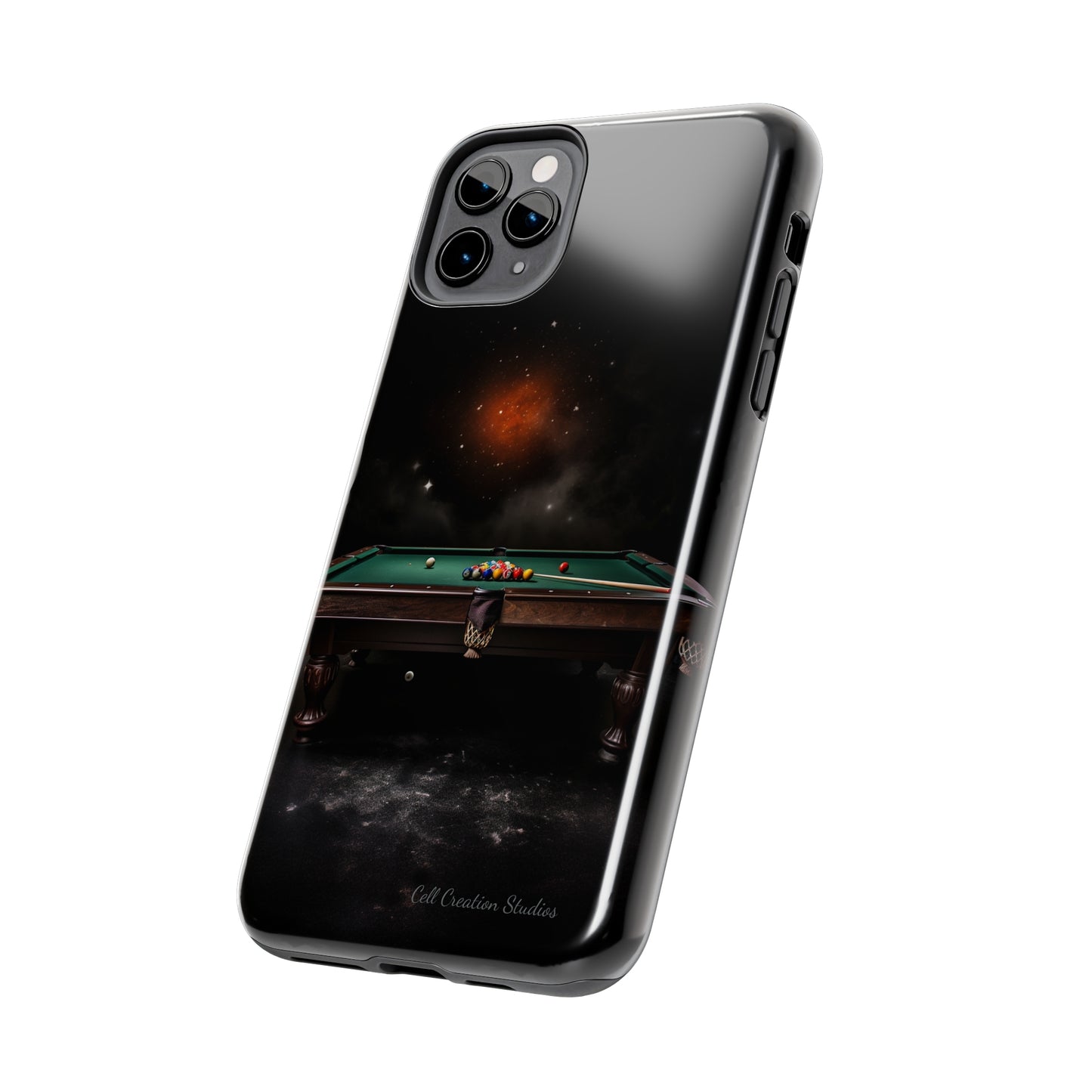 "Rack 'Em Up in Style: Pool Table-Themed Phone Case with Space Background" -Tough Phone Cases