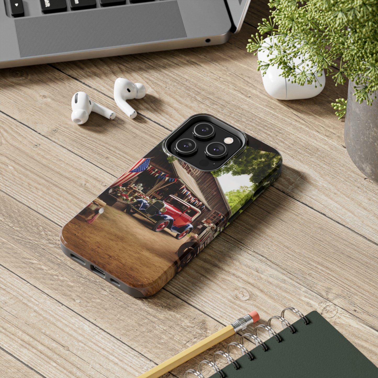 Introducing the "1930s Americana Revival" Cell Phone Case – Relive Vintage Charm with Classic Car, Barn, and the Stars and Stripes -Tough Phone Cases