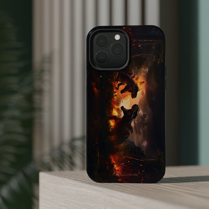 Introducing the "Ancient Battle Inferno" Cell Phone Case – Witness Epic Dinosaur Clash in a Fiery Forest! -MagSafe Tough Cases