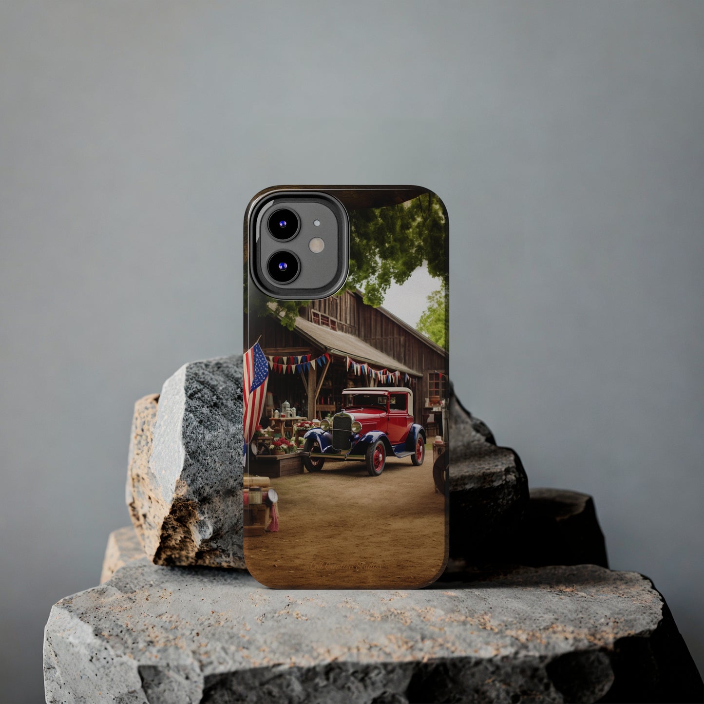 Introducing the "1930s Americana Revival" Cell Phone Case – Relive Vintage Charm with Classic Car, Barn, and the Stars and Stripes -Tough Phone Cases