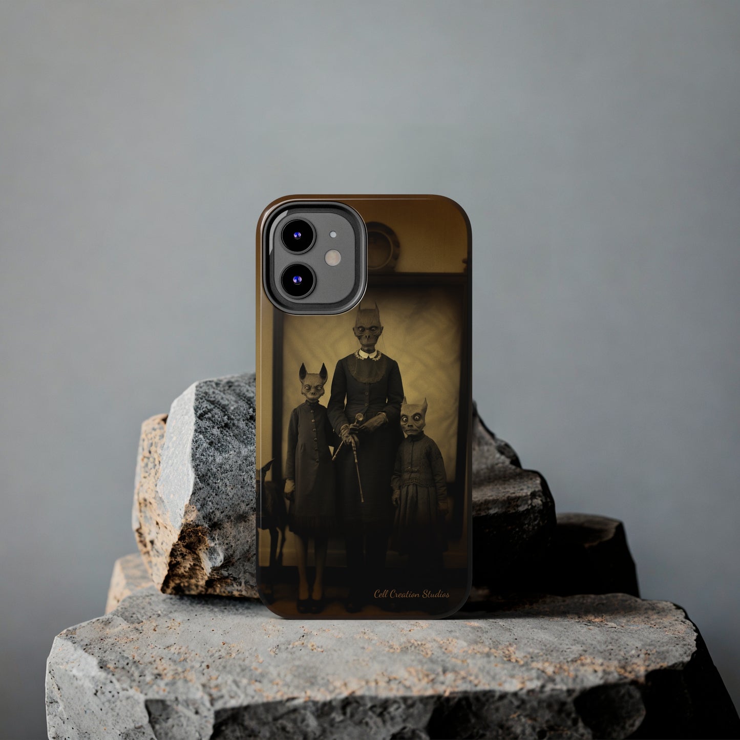 Introducing the "Vintage Odd Creatures" Cell Phone Case – Step into the Eerie Charm of a Haunting Family Portrait -Tough Phone Cases