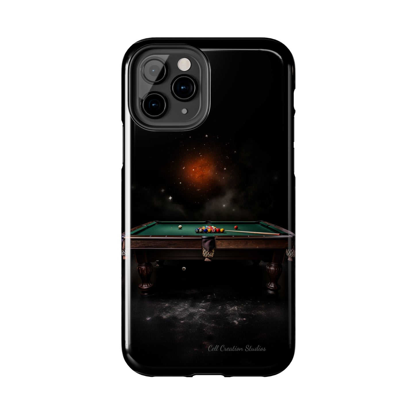 "Rack 'Em Up in Style: Pool Table-Themed Phone Case with Space Background" -Tough Phone Cases