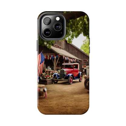 Introducing the "1930s Americana Revival" Cell Phone Case – Relive Vintage Charm with Classic Car, Barn, and the Stars and Stripes -Tough Phone Cases