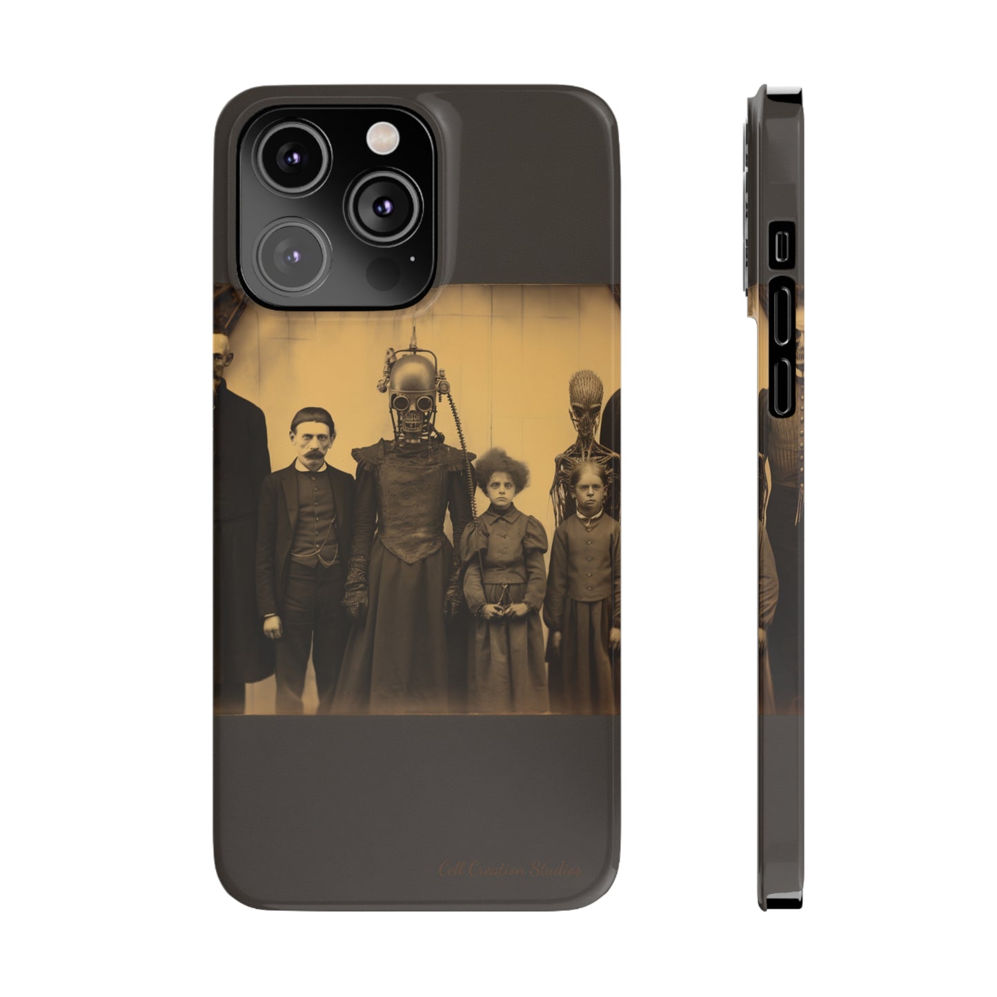 Introducing the "Vintage Odd Creatures" Cell Phone Case – Step into the Eerie Charm of a Haunting Family Portrait -Slim Phone Cases
