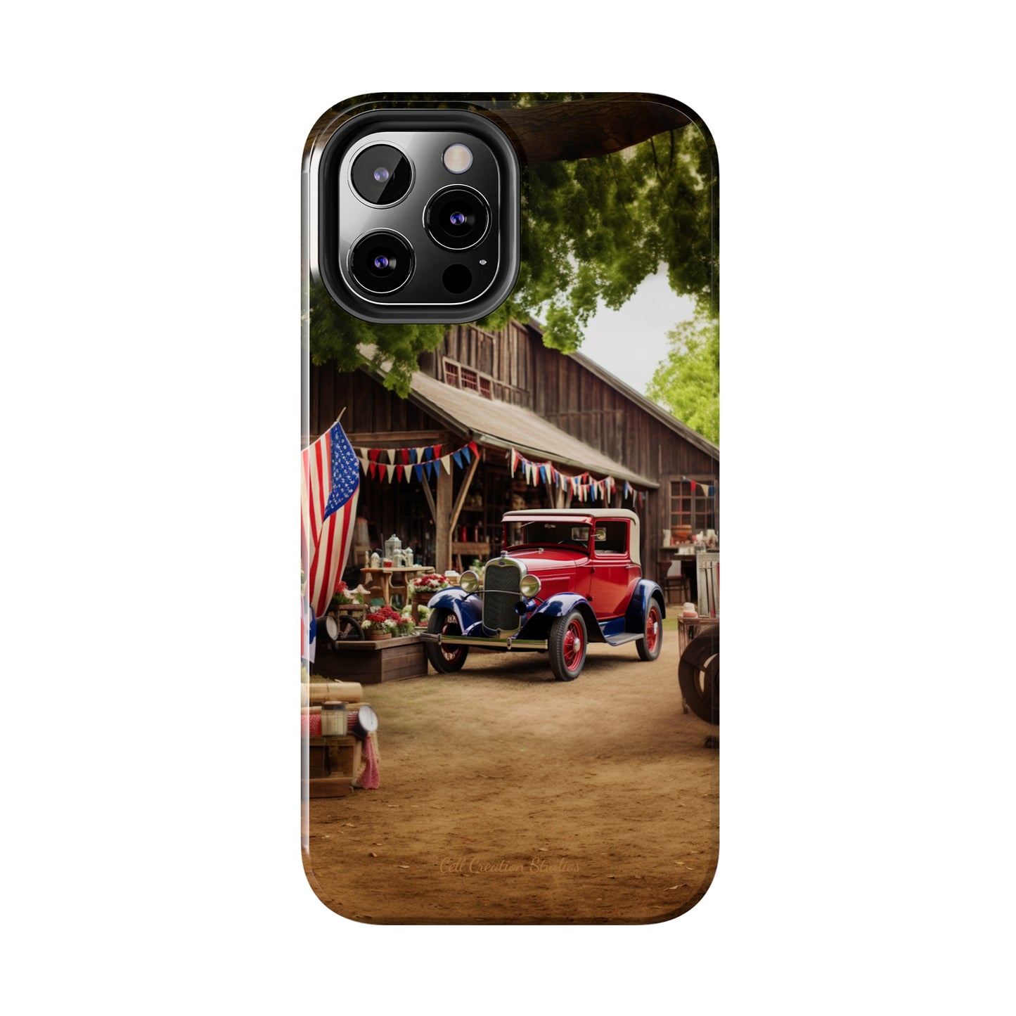 Introducing the "1930s Americana Revival" Cell Phone Case – Relive Vintage Charm with Classic Car, Barn, and the Stars and Stripes -Tough Phone Cases