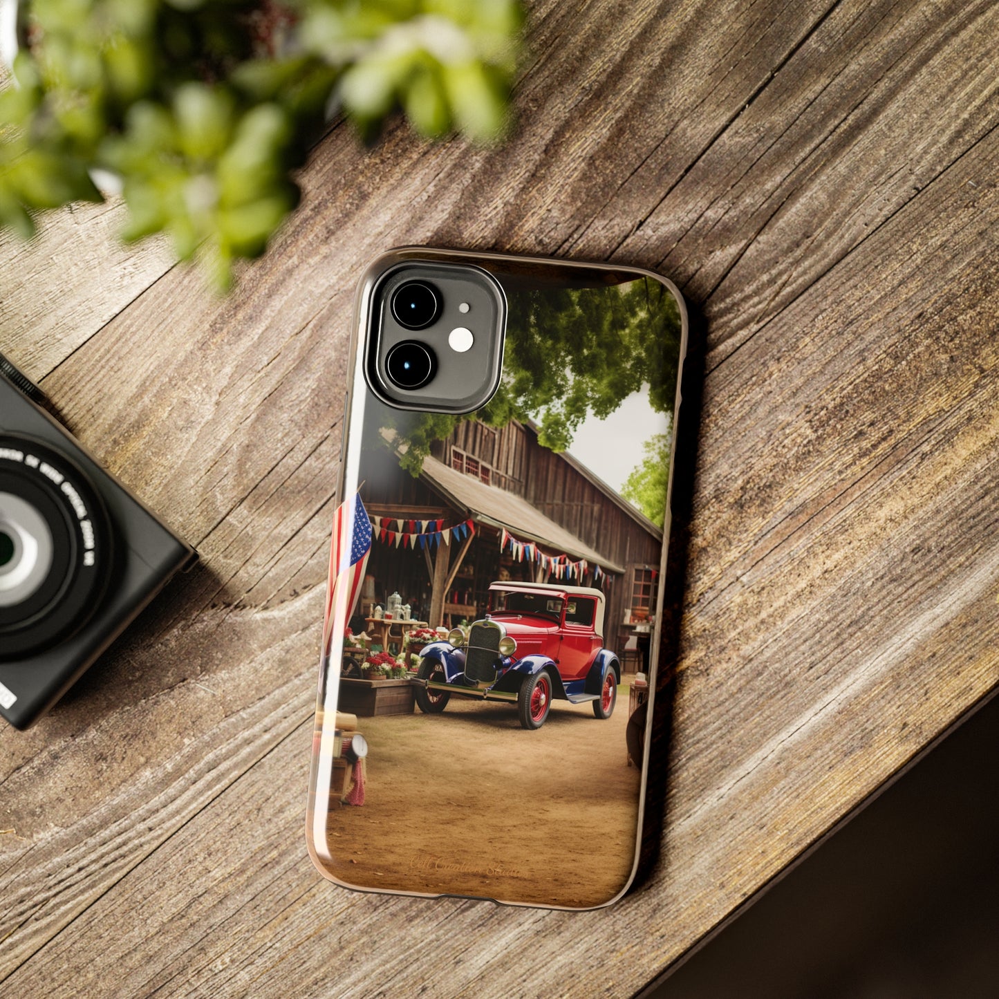 Introducing the "1930s Americana Revival" Cell Phone Case – Relive Vintage Charm with Classic Car, Barn, and the Stars and Stripes -Tough Phone Cases