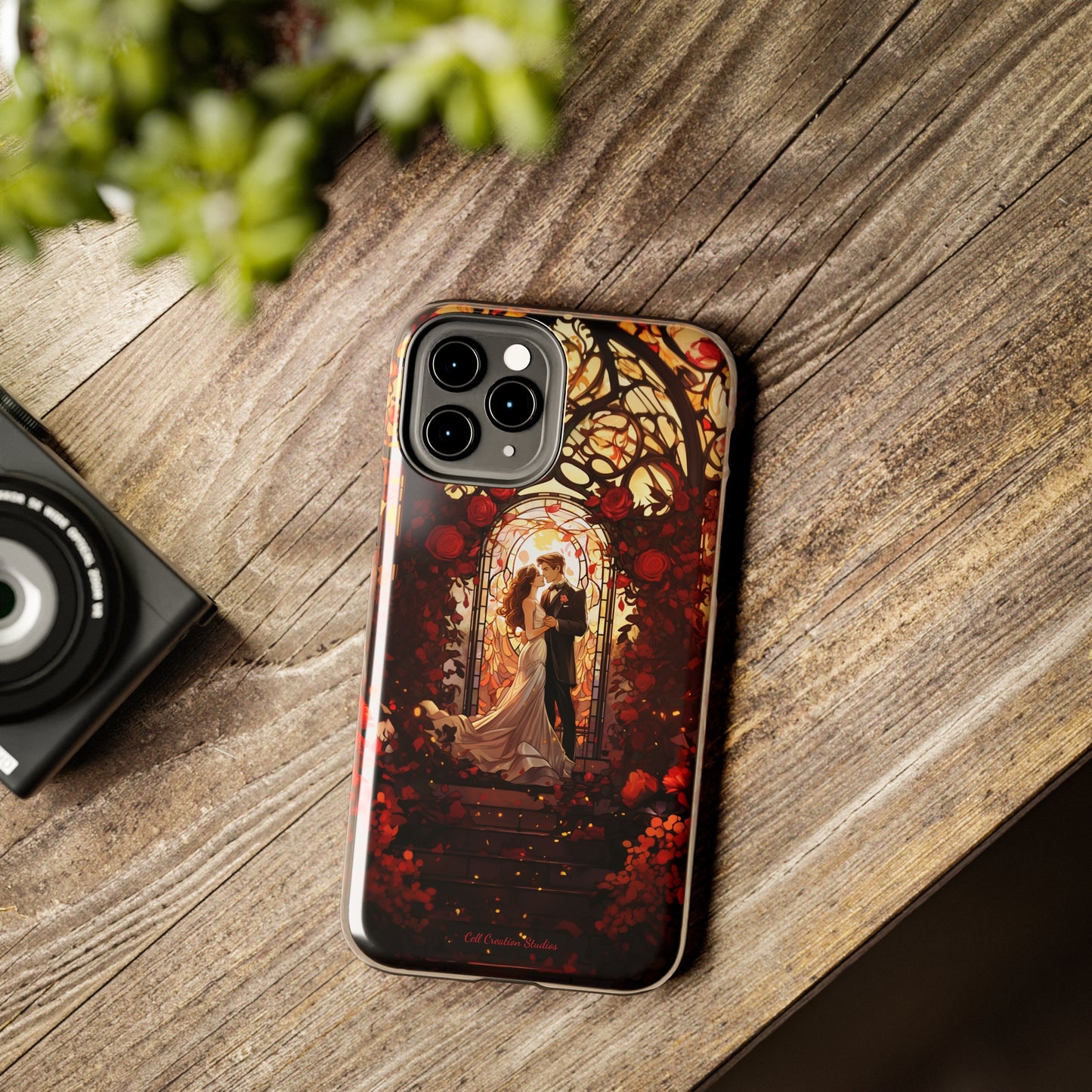 Introducing the "Stained Glass Love" Cell Phone Case – Capture the Romance of a Couple in Front of a Stained Glass Window -Tough Phone Cases