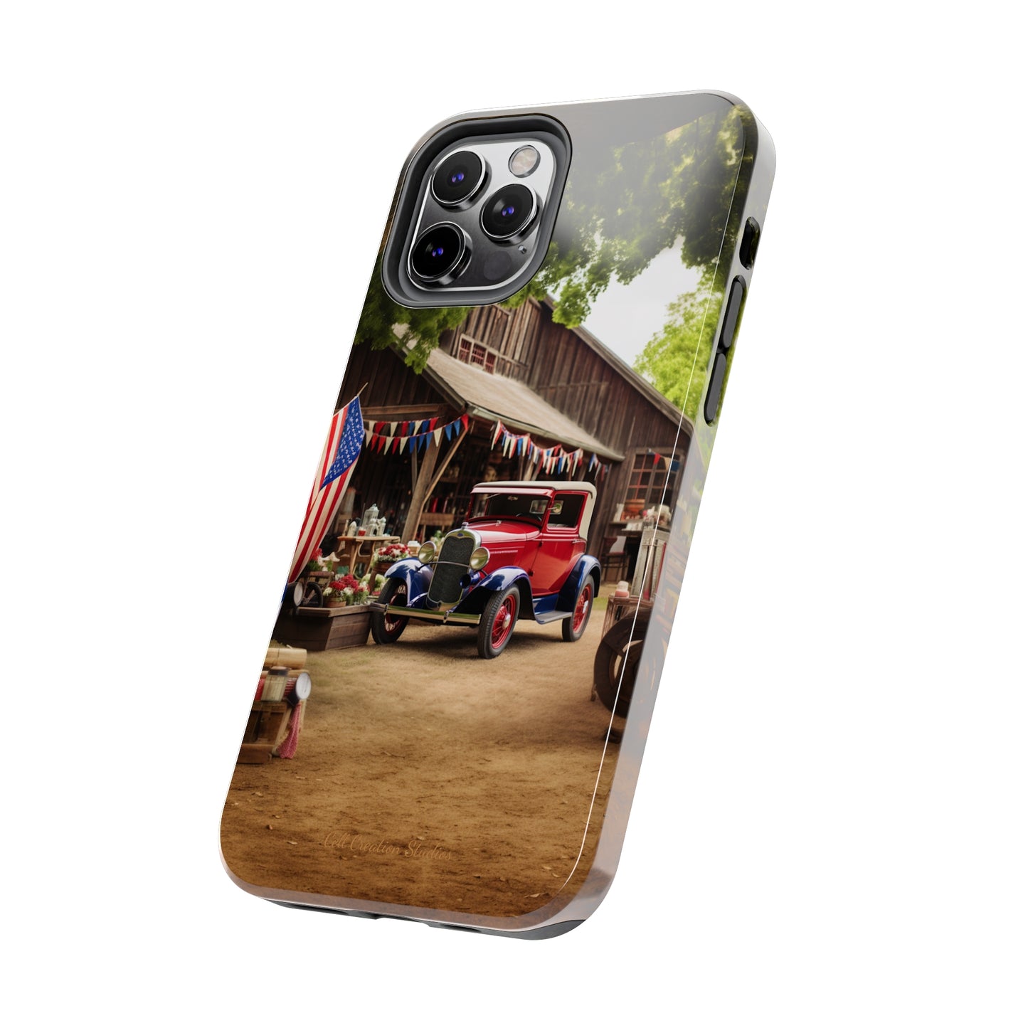 Introducing the "1930s Americana Revival" Cell Phone Case – Relive Vintage Charm with Classic Car, Barn, and the Stars and Stripes -Tough Phone Cases