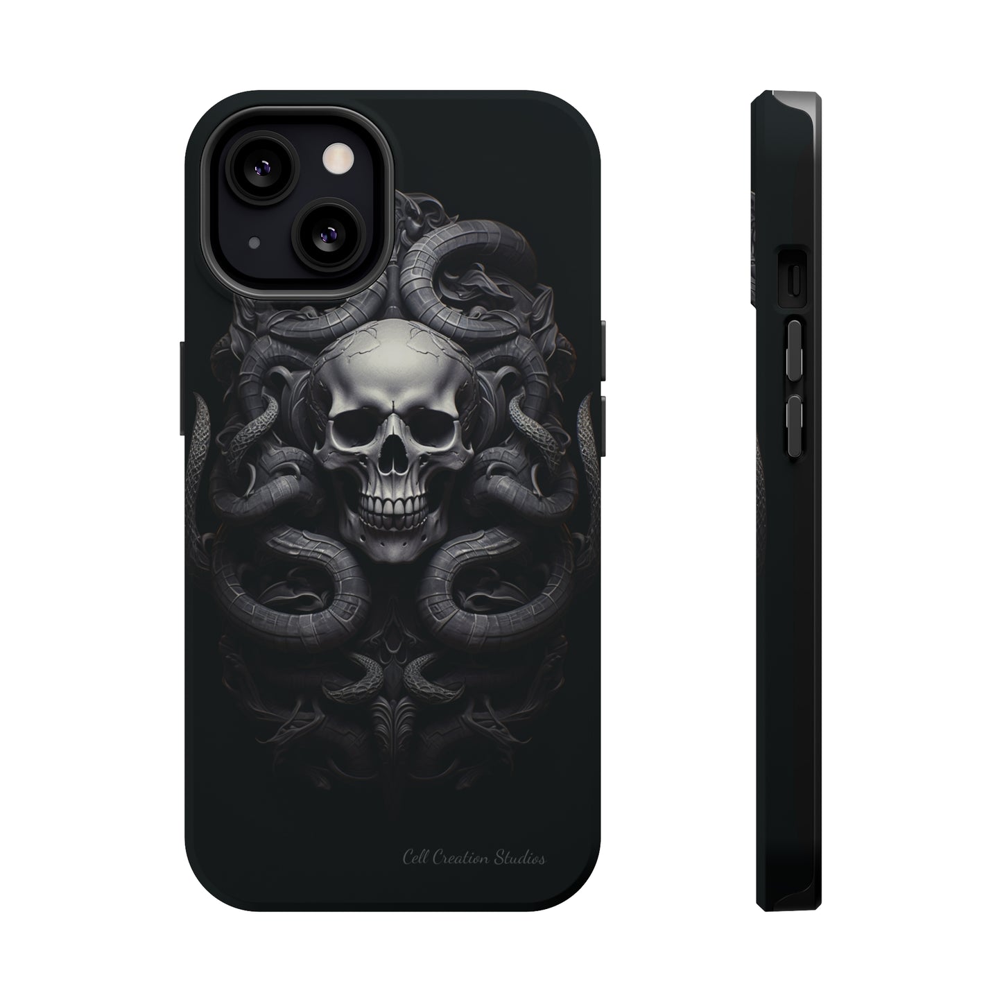 Introducing the "Monochrome Skull and Snakes" Cell Phone Case – A Bold Statement -MagSafe Tough Cases