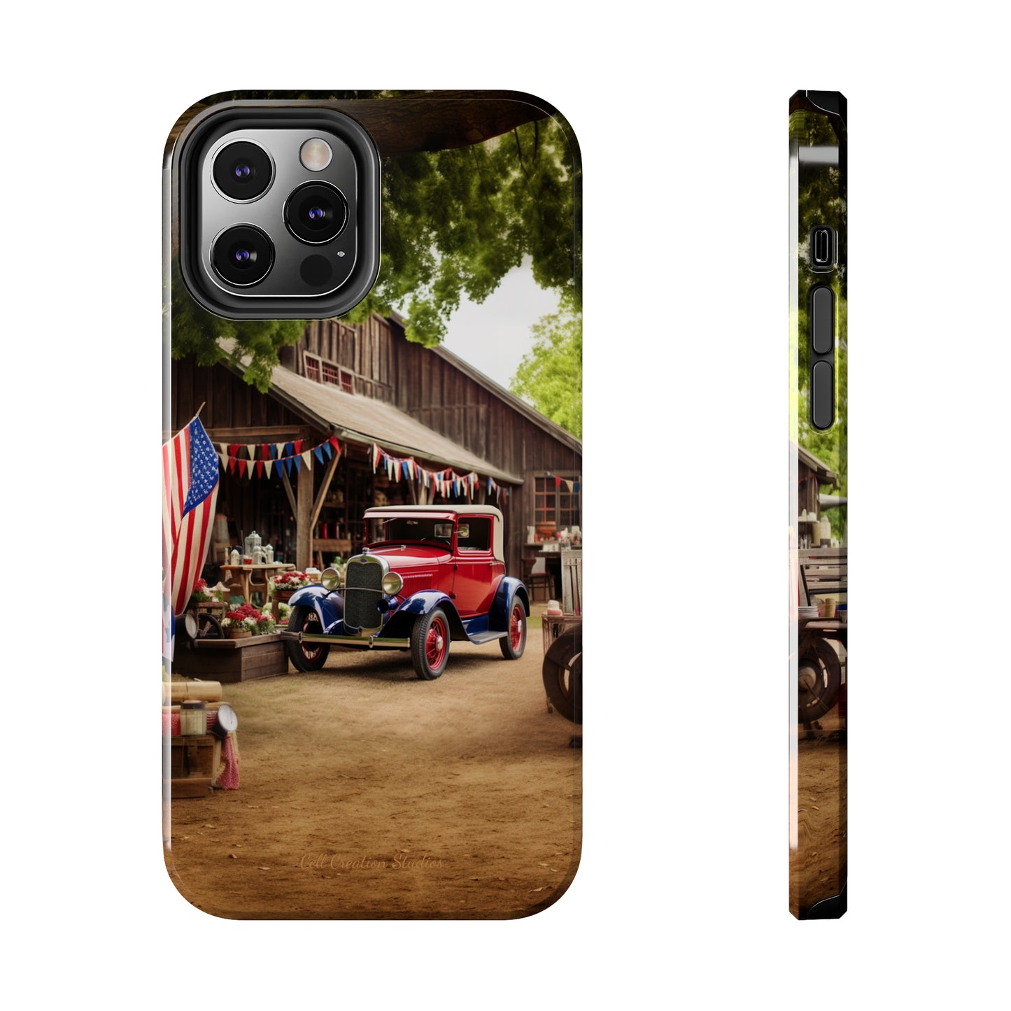 Introducing the "1930s Americana Revival" Cell Phone Case – Relive Vintage Charm with Classic Car, Barn, and the Stars and Stripes -Tough Phone Cases