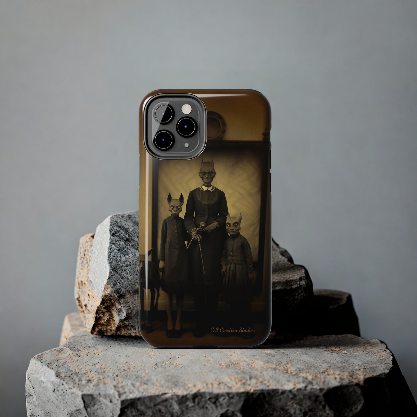 Introducing the "Vintage Odd Creatures" Cell Phone Case – Step into the Eerie Charm of a Haunting Family Portrait -Tough Phone Cases