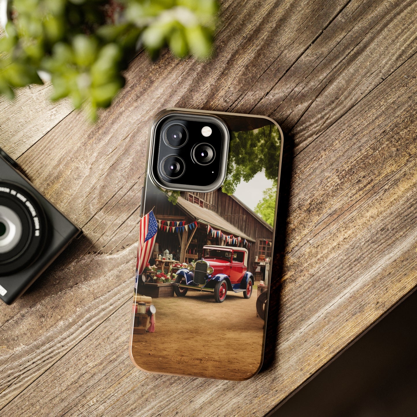 Introducing the "1930s Americana Revival" Cell Phone Case – Relive Vintage Charm with Classic Car, Barn, and the Stars and Stripes -Tough Phone Cases